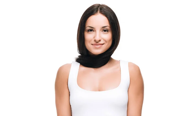 Mulher bonita sorridente com cabelo longo e reto saudável e brilhante isolado no branco — Fotografia de Stock