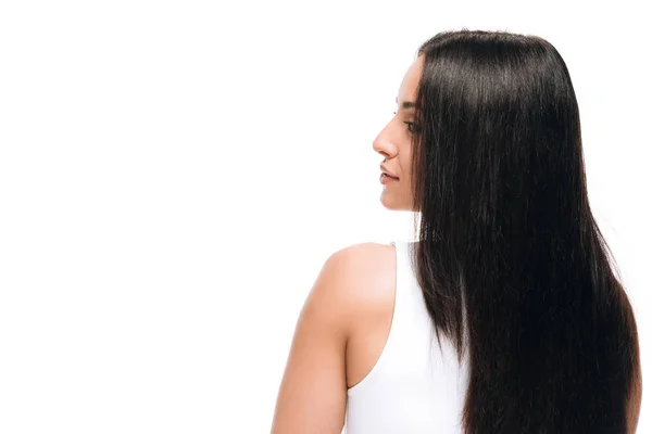 Vue arrière de brune belle femme avec de longs cheveux droits sains et brillants isolés sur blanc — Photo de stock