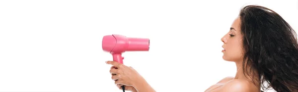 Plan panoramique de brune belle femme coiffant cheveux bouclés avec sèche-cheveux rose isolé sur blanc — Photo de stock