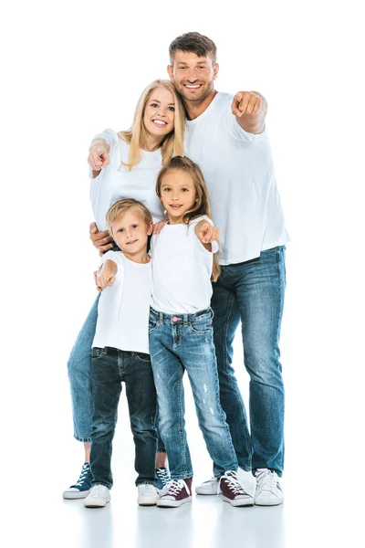 Happy family pointing with fingers and smiling on white — Stock Photo