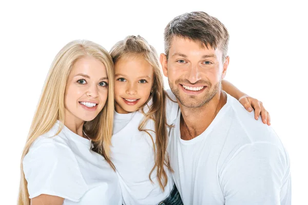 Beautiful mother near daughter and husband isolated on white — Stock Photo