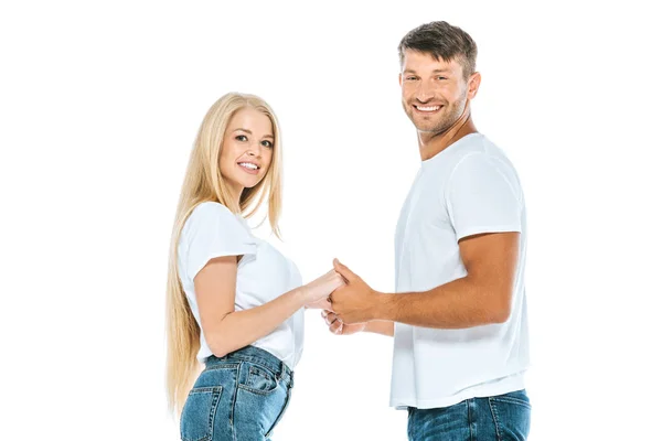 Homme heureux tenant la main avec fille gaie isolé sur blanc — Photo de stock