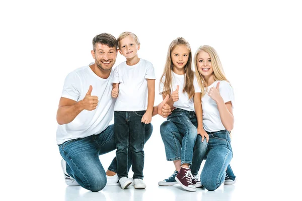 Glückliche Eltern und Kinder zeigen Daumen hoch auf weiß — Stockfoto