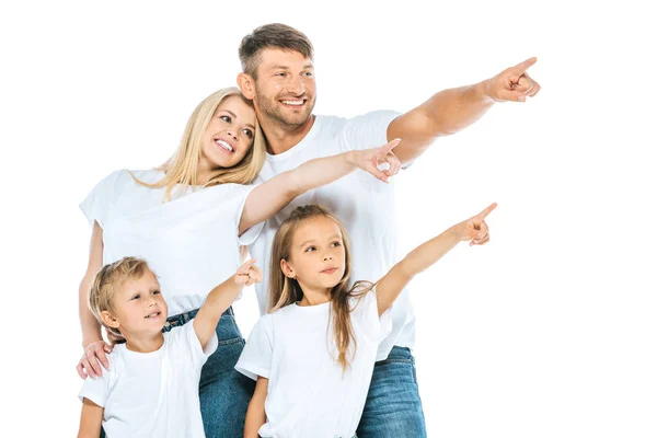 Cheerful family pointing with fingers isolated on white — Stock Photo