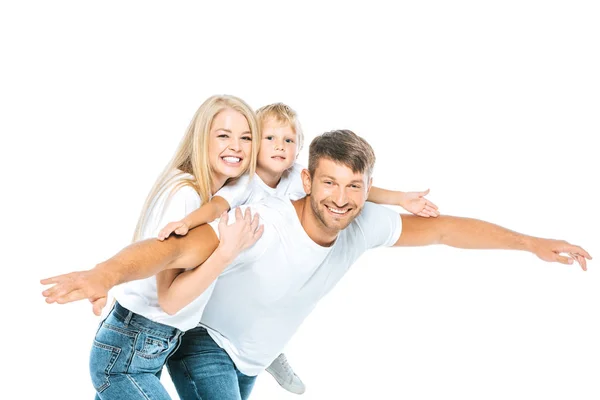 Glücklicher Vater und Sohn mit ausgestreckten Händen in der Nähe attraktiver, auf Weiß isolierter Frau — Stockfoto