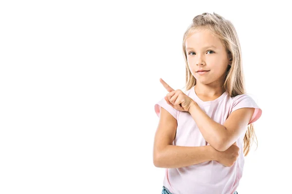 Criança positiva apontando com o dedo isolado no branco — Fotografia de Stock