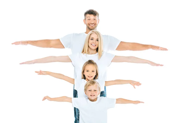 Pais felizes e crianças com as mãos estendidas isoladas no branco — Fotografia de Stock