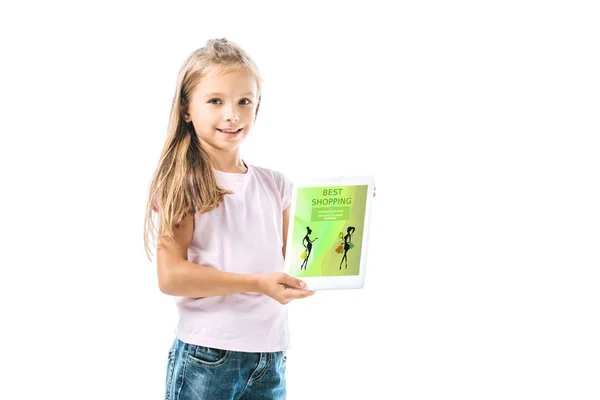 Criança alegre segurando tablet digital com melhor aplicativo de compras na tela isolada no branco — Fotografia de Stock