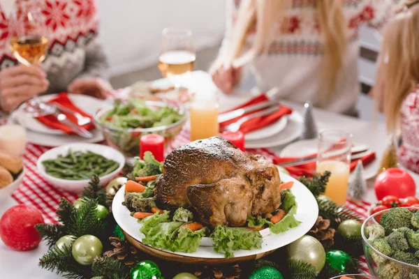 Selective focus of tasty turkey on plate in Christmas day — Stock Photo