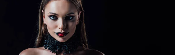 Panoramic shot of scary naked vampire girl isolated on black — Stock Photo