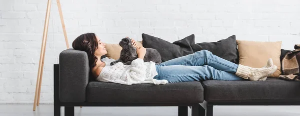 Привлекательная женщина лежит на диване с шотландской складной кошкой в уютной гостиной — стоковое фото