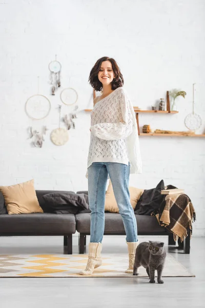 Mujer feliz con gato plegable escocés en acogedora sala de estar con atrapasueños - foto de stock