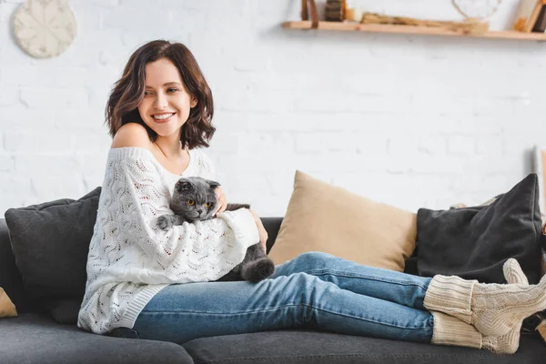 Bela menina feliz sentado no sofá com escocês dobra gato — Fotografia de Stock