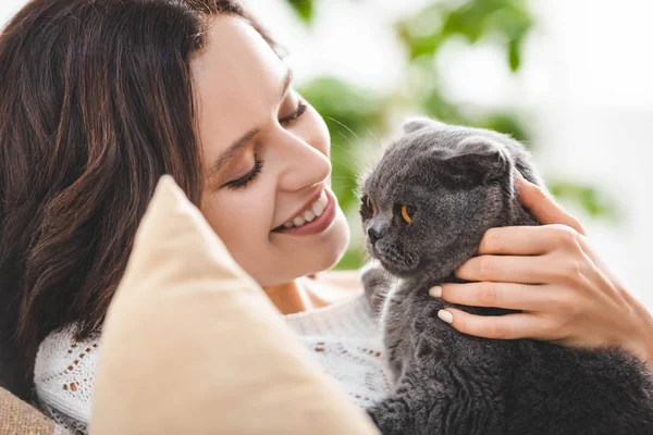 Hermosa mujer alegre con escocés plegable gato - foto de stock