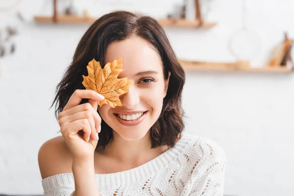 Hermosa chica alegre sosteniendo hoja de otoño amarillo en frente de la cara - foto de stock
