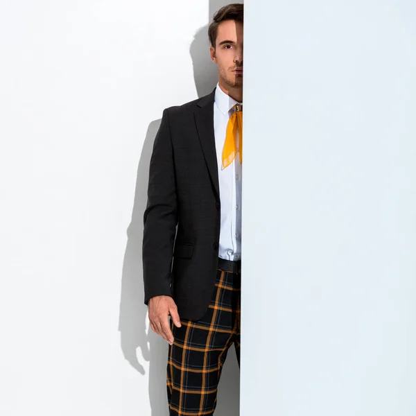 Vista recortada de hombre con estilo en ropa formal de moda en blanco - foto de stock