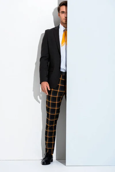 Cropped view of man in trendy formal wear standing on white — Stock Photo