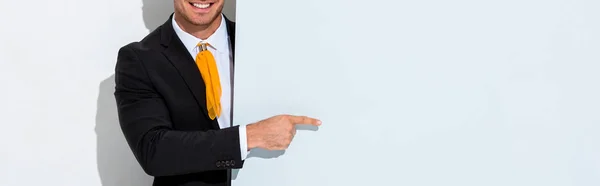 Панорамный снимок счастливого человека в формальной одежде, указывающего пальцем на белый — стоковое фото