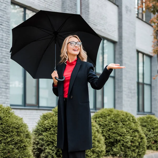 Attractive businesswoman in coat and glasses holding black umbrella with outstretched hand — Stock Photo