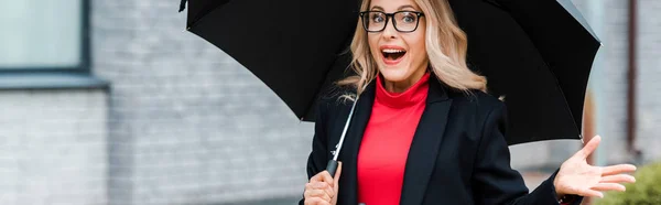 Панорамный снимок привлекательной и потрясенной бизнесвумен в черном пальто с зонтиком в руках — стоковое фото