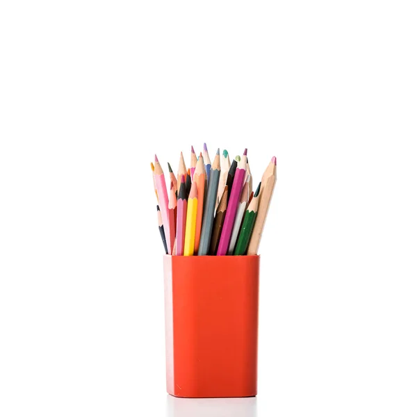 Pen holder with colorful pencils on white — Stock Photo