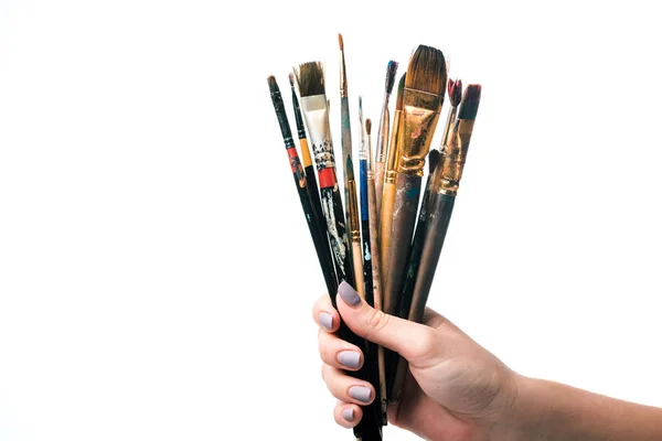 Cropped view of woman holding paintbrushes isolated on white — Stock Photo