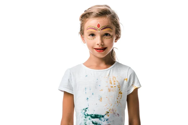 Happy kid with face painting looking at camera isolated on white — Stock Photo