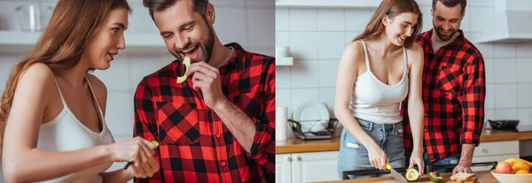 Collage of happy young couple preparing breakfast with fresh fruits, horizontal image — Stock Photo