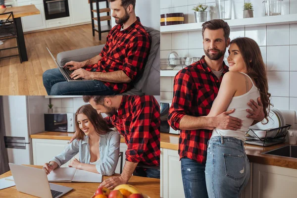 Collage de couple heureux embrassant dans la cuisine, homme travaillant sur ordinateur portable et fille souriante écrit dans un cahier — Photo de stock