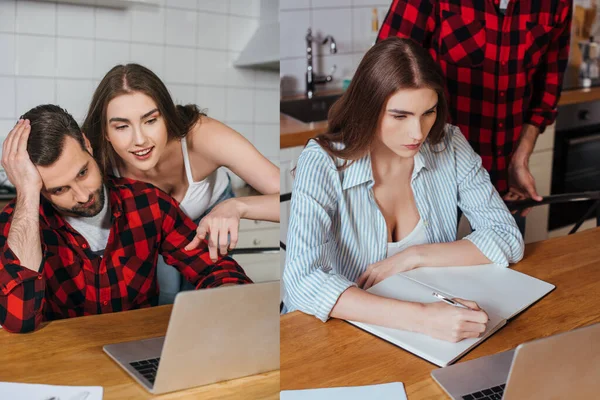 Collage von lächelndem Mädchen, das auf Laptop neben müdem Freund zeigt, und Mann, der neben arbeitender Freundin steht — Stockfoto