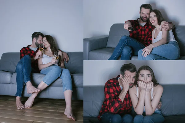 Collage de jeune couple émotionnel regarder la télévision et boire du vin blanc à la maison — Photo de stock