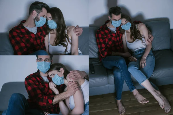 Colagem de chateado casal em máscaras médicas assistindo tv enquanto o homem acalmando menina triste — Fotografia de Stock