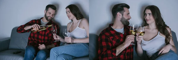 Collage di felice giovane coppia che tiene i bicchieri di vino bianco mentre si siede sul divano, immagine orizzontale — Foto stock
