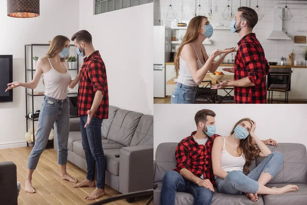 Collage of young couple in medical masks quarreling at home — Stock Photo