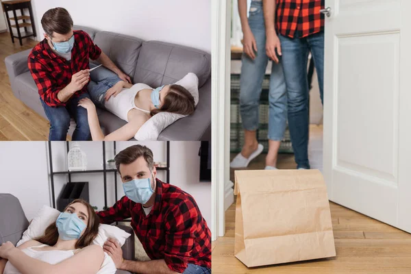 Collage of man caring of diseased girlfriend, and couple standing near paper bag with takeaway food near door — Stock Photo