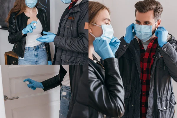 Collage of young couple putting on medical masks and using antiseptic spray before leaving home — Stock Photo