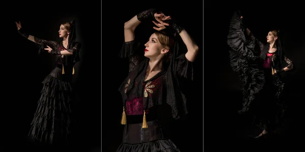 Коллаж привлекательной женщины танцующей фламенко изолированы на черный — стоковое фото