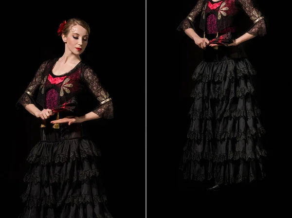 Колаж молодої фламенко танцюрист тримає вентилятори ізольовані на чорному — стокове фото