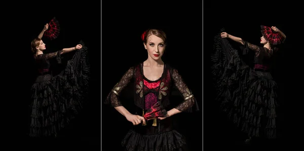 Collage of attractive flamenco dancer holding fans and dancing isolated on black — Stock Photo