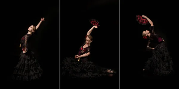 Collage di elegante ballerina con mano sul flamenco hip dance e tenendo i fan isolati sul nero — Foto stock