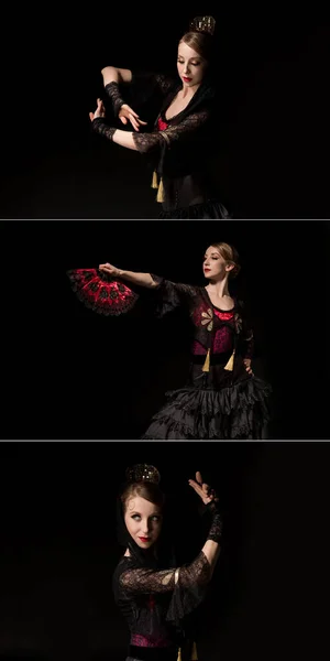 Collage einer eleganten Frau, die einen Fächer hält und gestikuliert, während sie Flamenco isoliert auf Schwarz tanzt — Stockfoto
