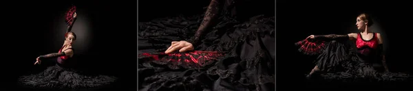 Collage einer Flamenco tanzenden Frau mit Fächern auf Schwarz — Stockfoto