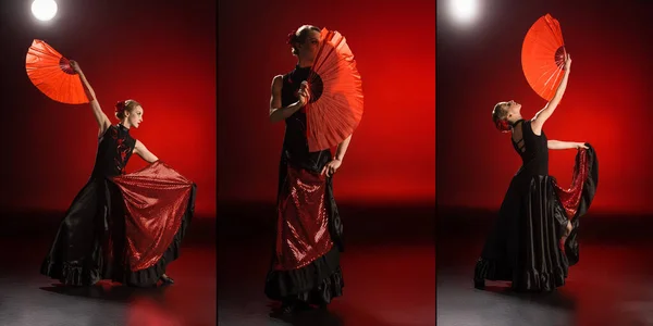 Коллаж элегантной танцовщицы фламенко касающихся платьев и держащих фанатов во время танцев на красном — стоковое фото