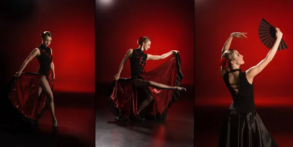 Collage de jeune et jolie femme touchant robe tout en dansant le flamenco avec ventilateur sur rouge — Photo de stock