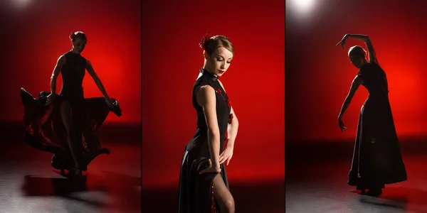 Collage of attractive and young woman dancing flamenco on red — Stock Photo