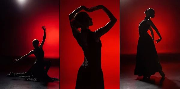 Collage of young and elegant woman dancing flamenco on red — Stock Photo