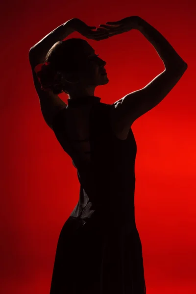 Perfil de mujer joven y elegante bailando flamenco sobre rojo - foto de stock
