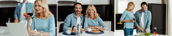 Collage of mature couple drinking wine, using laptop and cooking in kitchen — Stock Photo