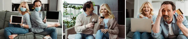 Collage of mature couple in medical masks using laptop, digital tablet and credit card and drinking wine on terrace — Stock Photo