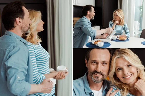 Collage de couple d'âge mûr buvant du café pendant le petit déjeuner dans la cuisine — Photo de stock